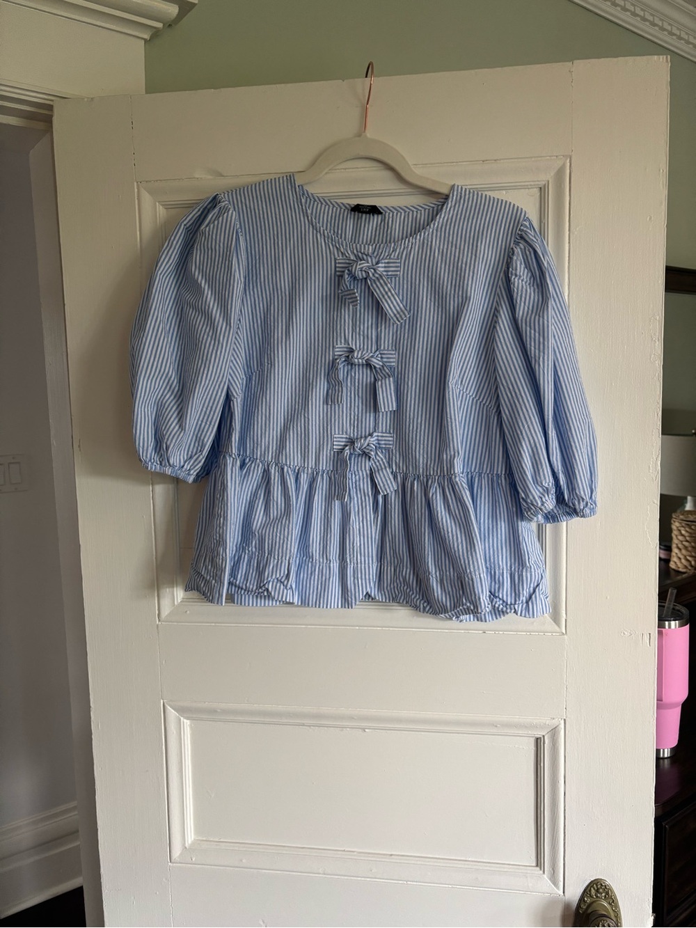 RD Style Light Blue & White Striped Bow-Front Peplum Blouse